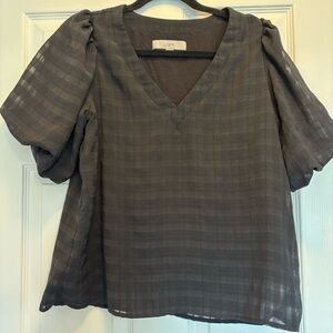 LOFT Feminine Black Lined Short Sleeve Blouse with Puff Sleeves & Pattern
